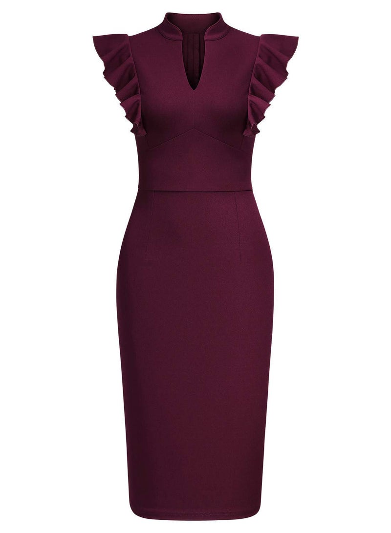 Knitee Women's Vintage Ruffle Sleeve V-Neck Bodycon Evening Party Cocktail Pencil Sheath Dress (Burgundy, Medium) - Image 5